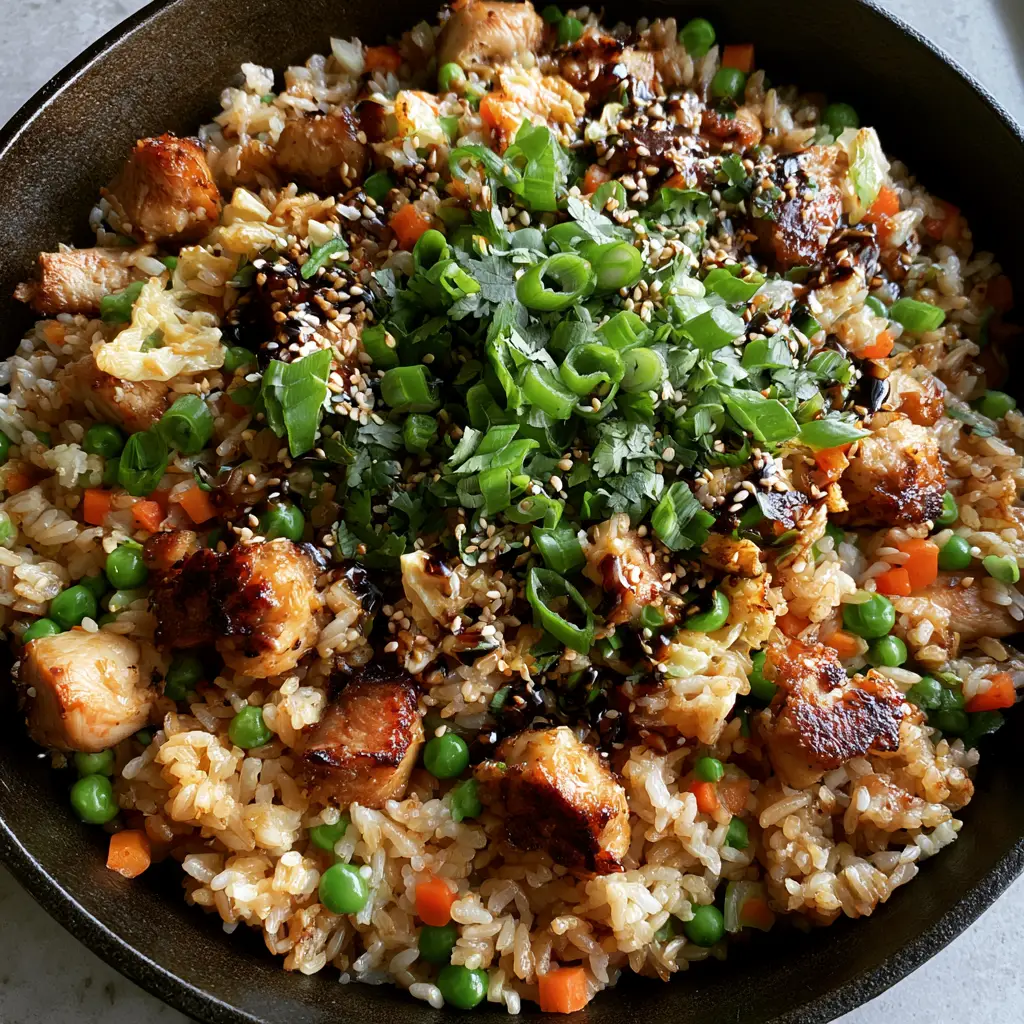 Detailed shot of soft egg ribbons and bright green scallions layered over golden chicken fried rice.