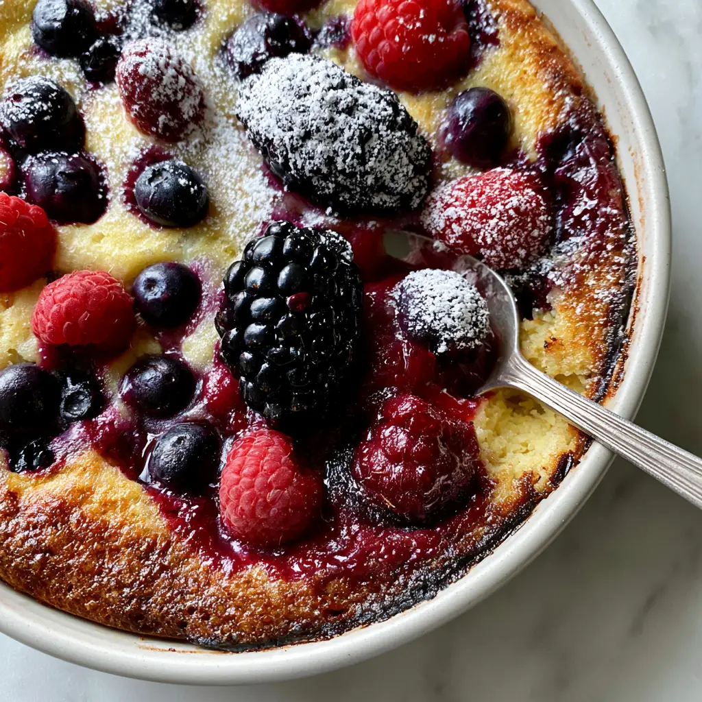 Macro photography of the caramelized crispy edges and fine protein powder dusting on a triple berry bake.