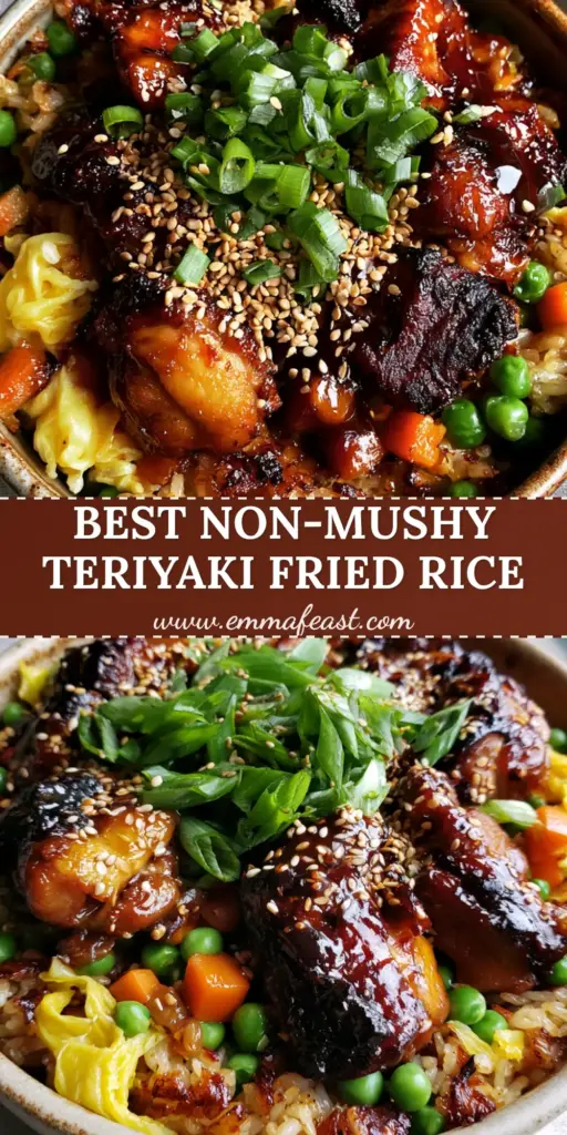 A rustic ceramic bowl of Teriyaki Chicken Fried Rice featuring mahogany-glazed chicken chunks, toasted golden jasmine rice, emerald peas, orange carrots, and yellow egg ribbons. (Teriyaki Chicken Fried Rice)