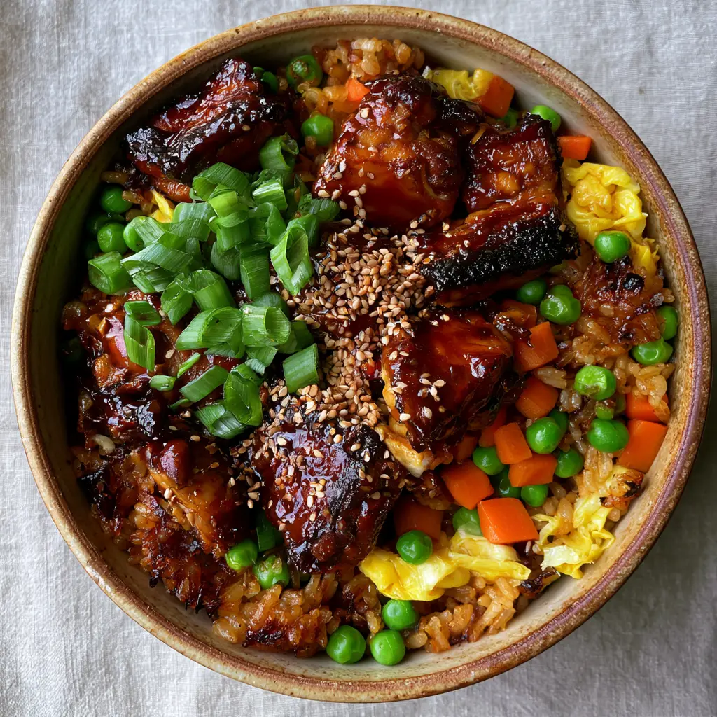 Slabs of tender chicken thigh meat coated in a glistening mahogany teriyaki sauce with charred edges. (Teriyaki Chicken Fried Rice)