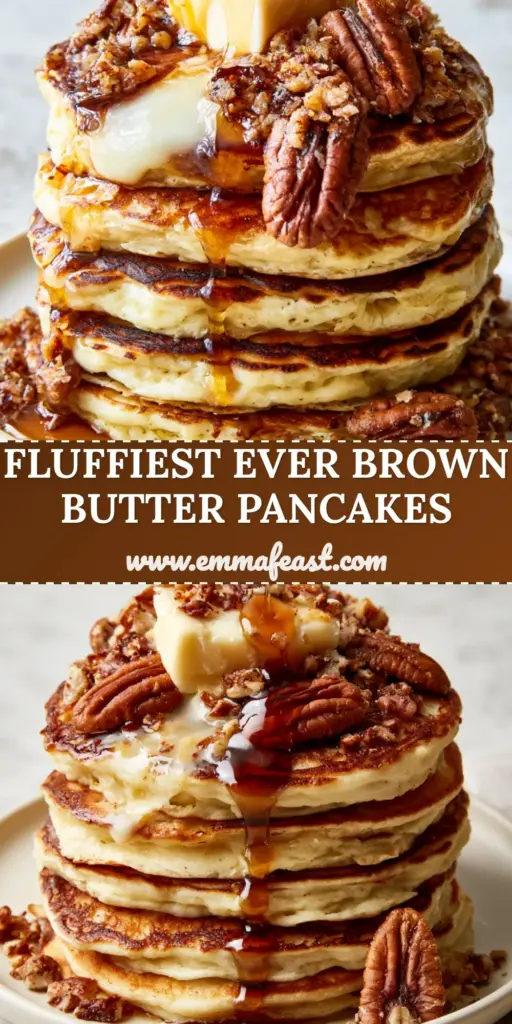 A majestic five-stack of brown butter pecan pancakes on a ceramic plate, topped with melting butter and dripping maple syrup.