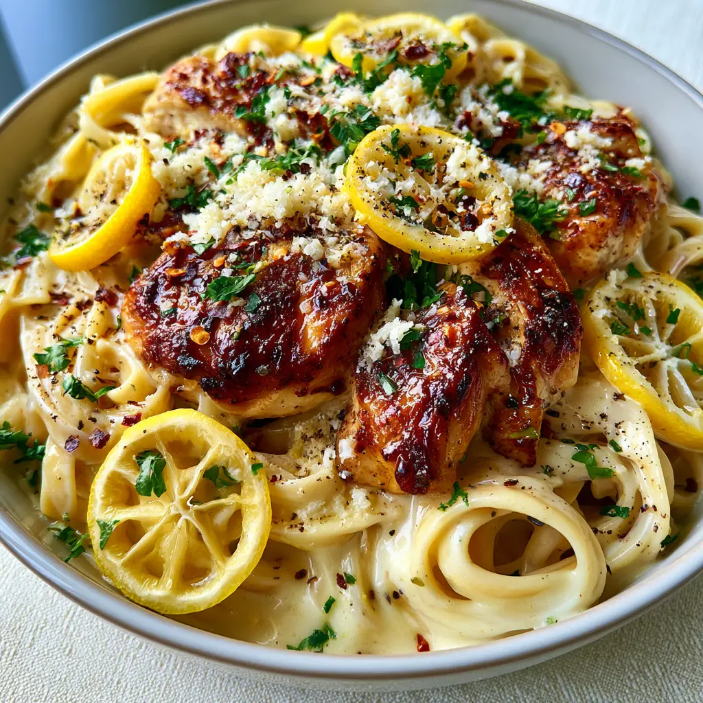 Overhead view of Lemon Chicken Pasta featuring vibrant organic lemon wheels and a snowfall of aged parmesan.