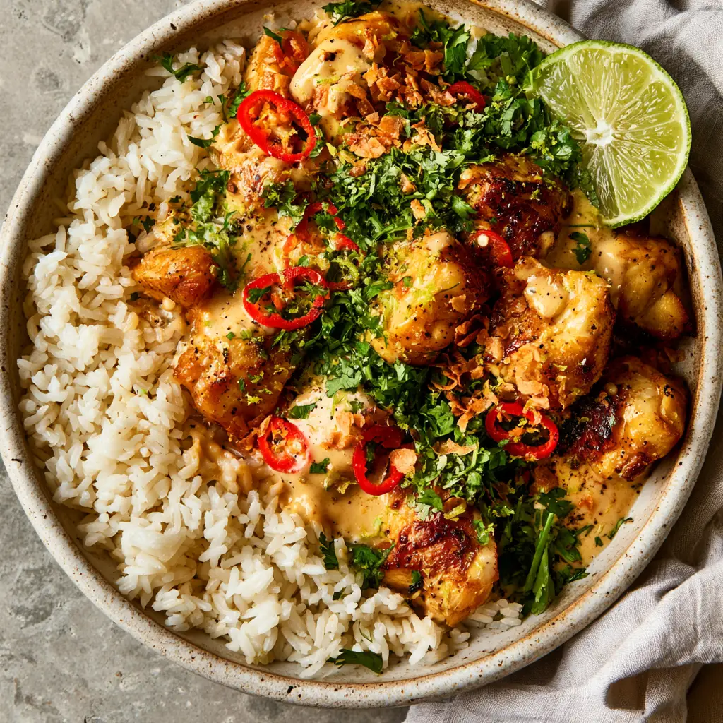 Detailed shot of the Coconut Chicken Rice Bowl showing lime zest specks, red Fresno chiles, and toasted coconut flakes.