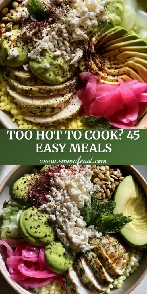 A vibrant summer power bowl with lemon pearl couscous, herb chicken, and green goddess dressing. (summer dinner ideas)