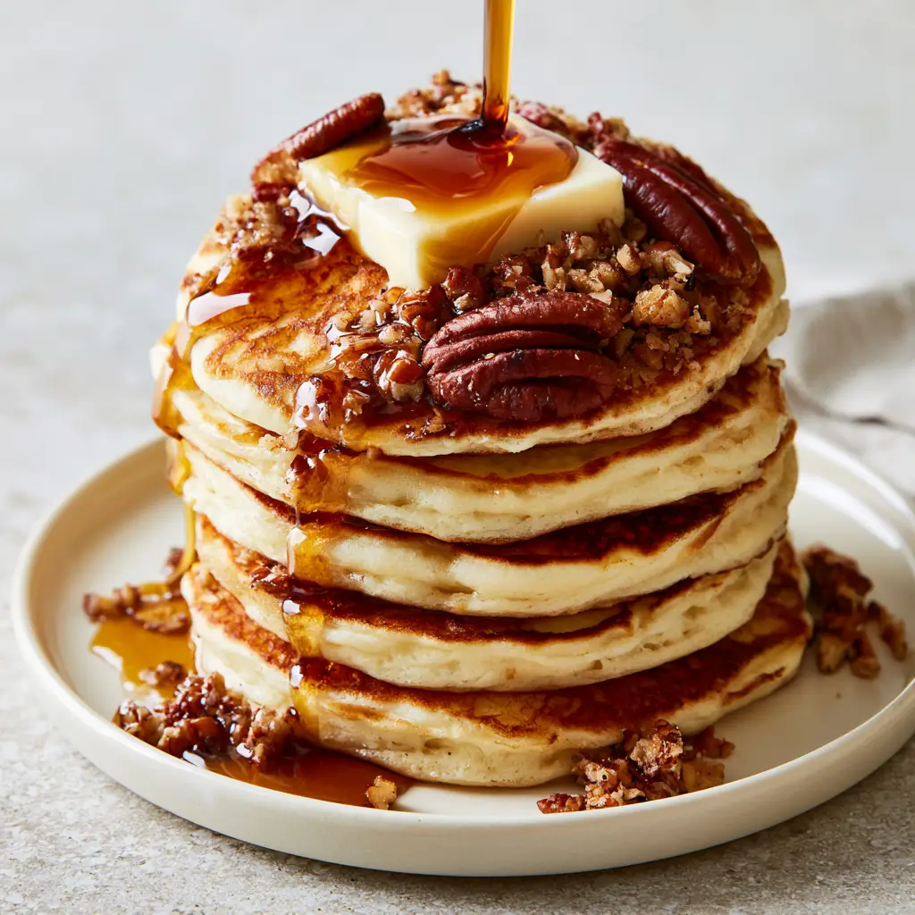Wide angle view of brown butter pecan pancakes on a stone countertop with matte roasted pecans and maple syrup drip.