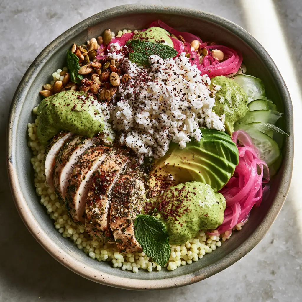 Close up of herb-crusted grilled chicken slices on a bed of lemon couscous.