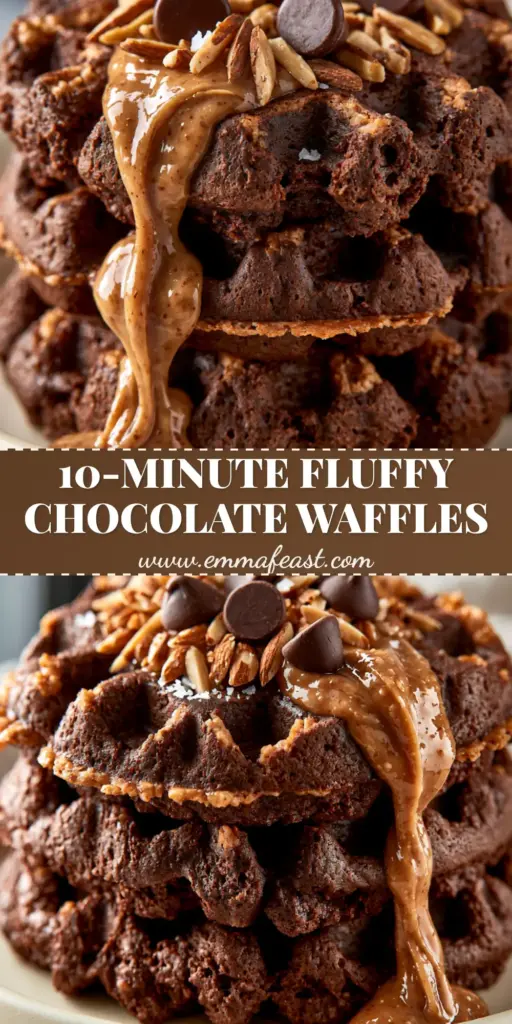 A tall stack of three chocolate almond oat waffles with a glossy almond butter drizzle and toasted almonds on a linen background.