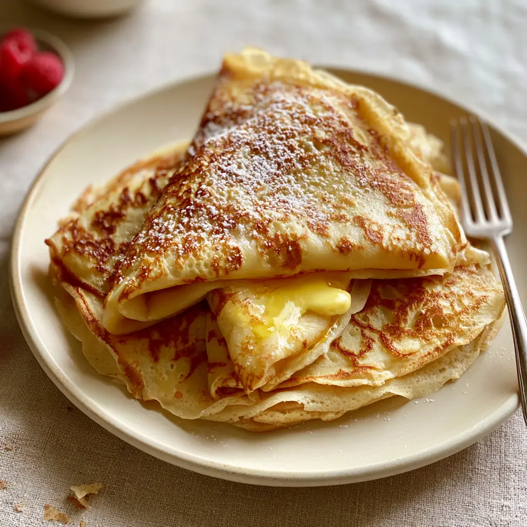 A handheld smartphone photo of French crepes on a matte cream plate with a silver fork and fresh raspberries on a linen backdrop.