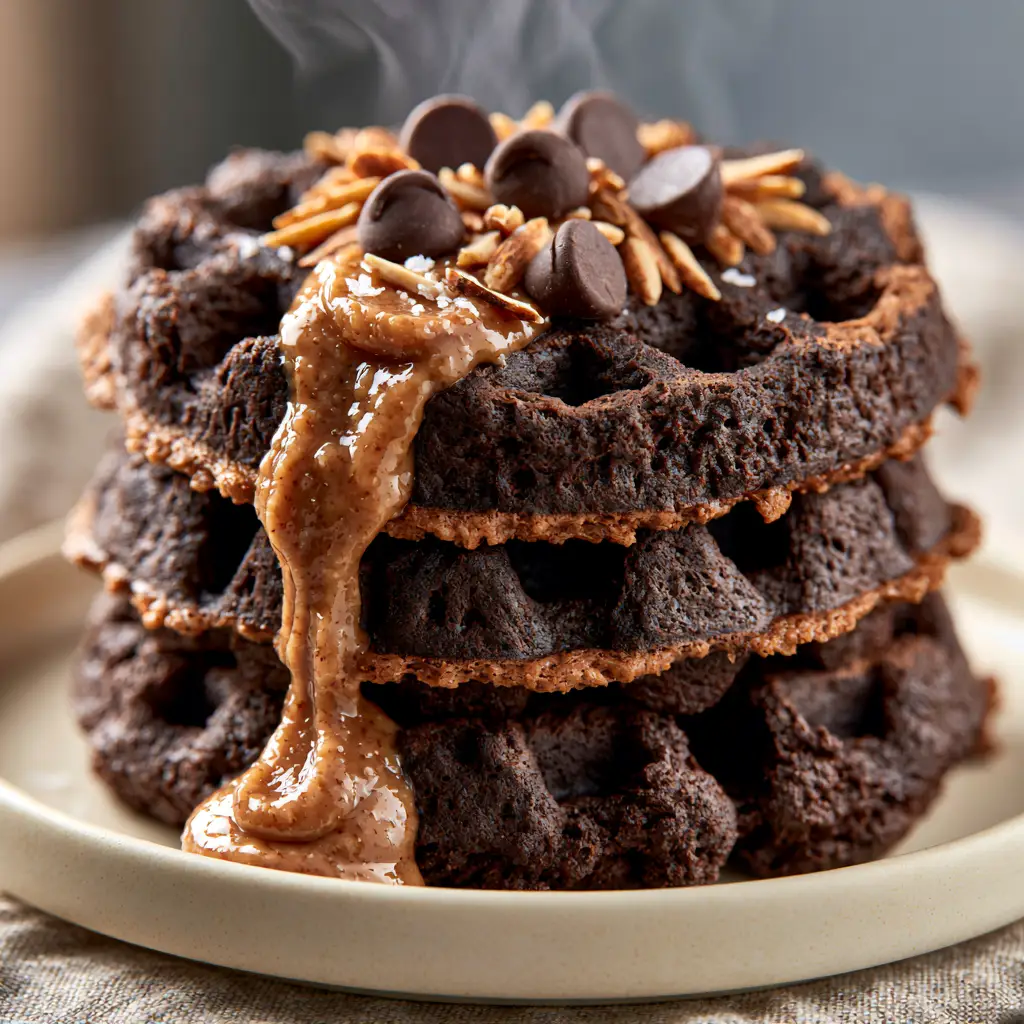 A thick, glossy almond butter drizzle captured mid-drip over a stack of chocolate almond oat waffles.