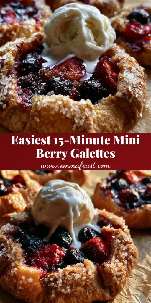 Three mini summer berry galettes on wrinkled parchment paper with melting vanilla bean ice cream and bubbling jammy fruit. (mini summer berry galettes)