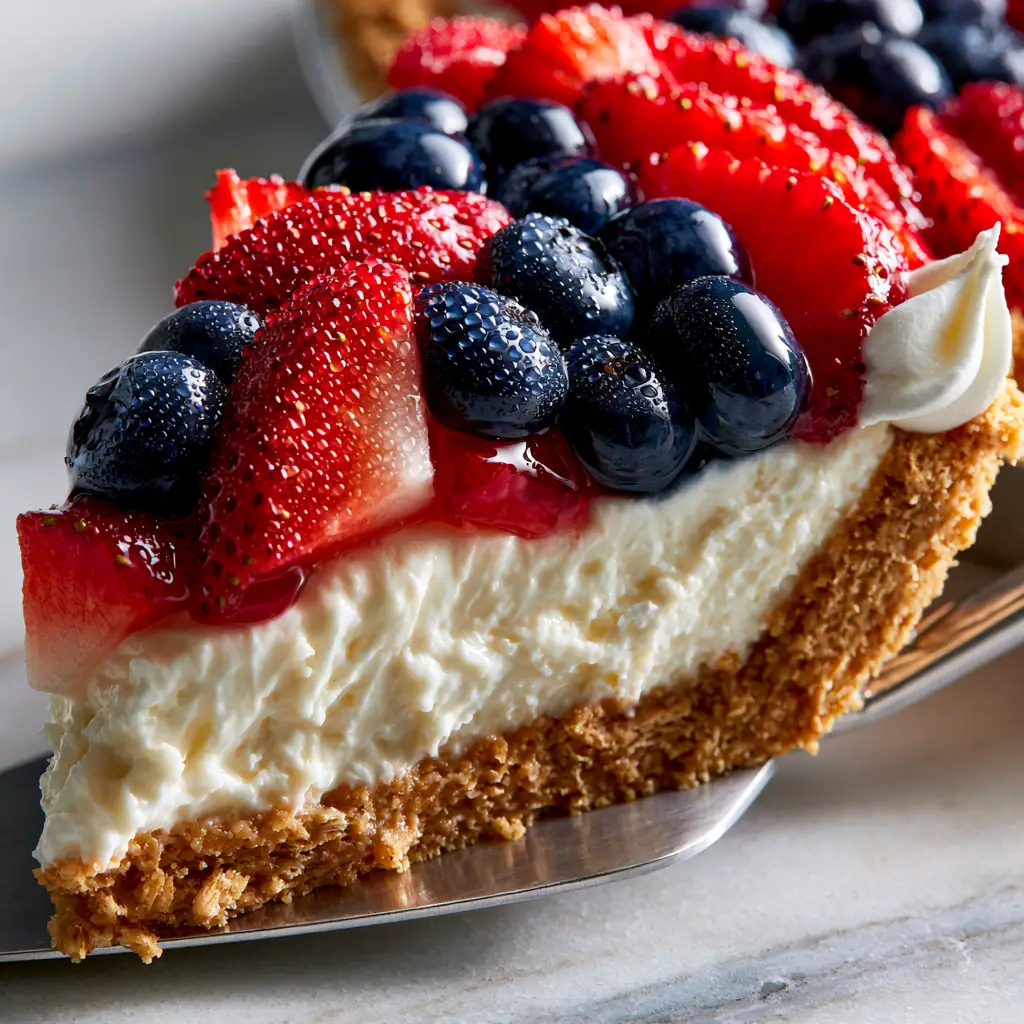 A silver cake server lifting a slice of 4th of July pie, showing the golden graham cracker crust.