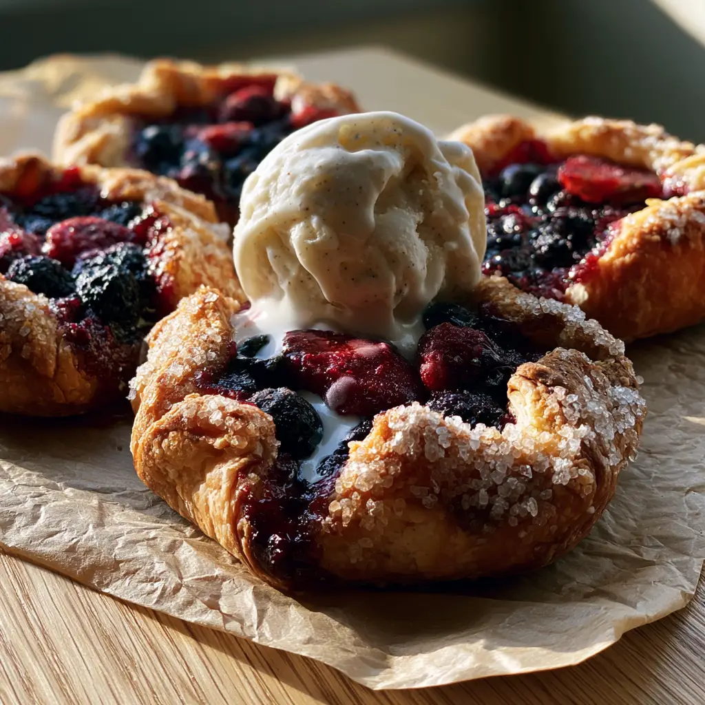 Handheld photo of mini summer berry galettes with melting vanilla bean ice cream on a light oak table.