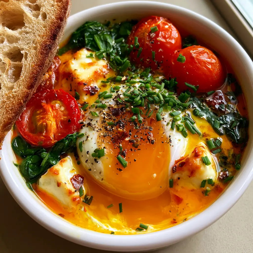 Sourdough bread slice dipped into a glistening orange runny yolk of Mediterranean Baked Feta Eggs.