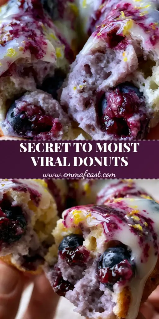 A stack of golden-brown baked blueberry donuts with thick lemon glaze and purple swirls. (baked blueberry donuts)