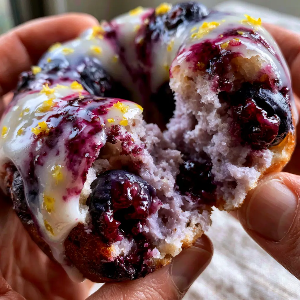 A thick, viscous lemon glaze with purple blueberry juice streaks dripping down a baked donut. (baked blueberry donuts)