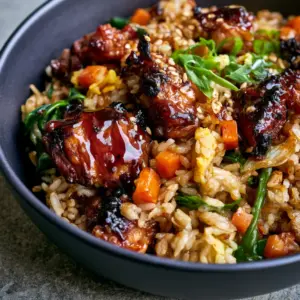Extreme close-up of Japanese BBQ chicken fried rice showing the glistening umami glaze on charred chicken pieces and individual rice grains.