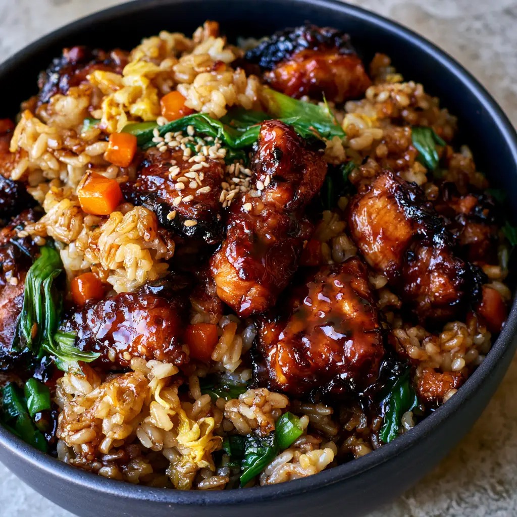 Side view of Japanese BBQ chicken fried rice in a ceramic bowl with wisps of steam and vibrant scallion garnishes.