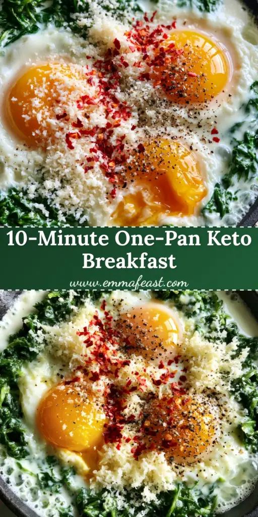 A top-down view of a black cast iron skillet containing creamy spinach and eggs with runny yolks and parmesan garnish.