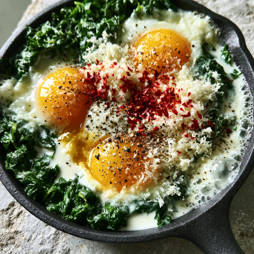 Close up of glossy orange egg yolks and red chili flakes on a bed of creamy spinach.