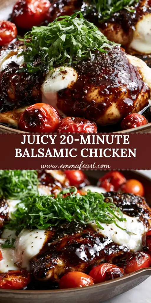Pan-seared balsamic chicken in a cast iron skillet with melted mozzarella and blistered tomatoes. (balsamic chicken)