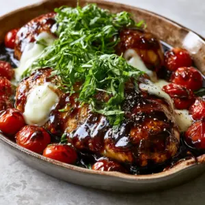 Close-up of succulent pan-seared chicken breasts with thick mahogany honey balsamic glaze and melted mozzarella. (balsamic chicken)