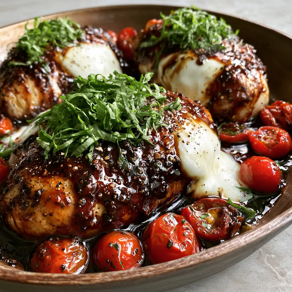 Balsamic chicken topped with fresh mozzarella pearls and blistered cherry tomatoes in a rustic skillet. (balsamic chicken)