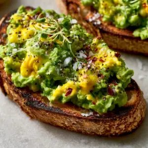 Extreme close-up overhead shot of a chunky avocado mash being spread on sourdough with jammy yolks. (avocado meals)