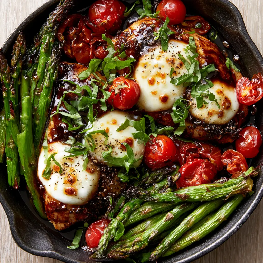 Overhead view of a cast iron skillet containing balsamic chicken, melted mozzarella, and blistered tomatoes. (One Pan Balsamic Chicken)