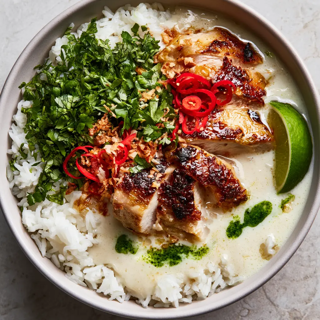 Close up of the coconut chicken recipe showing toasted coconut flakes and emerald herb oil droplets in a creamy sauce.