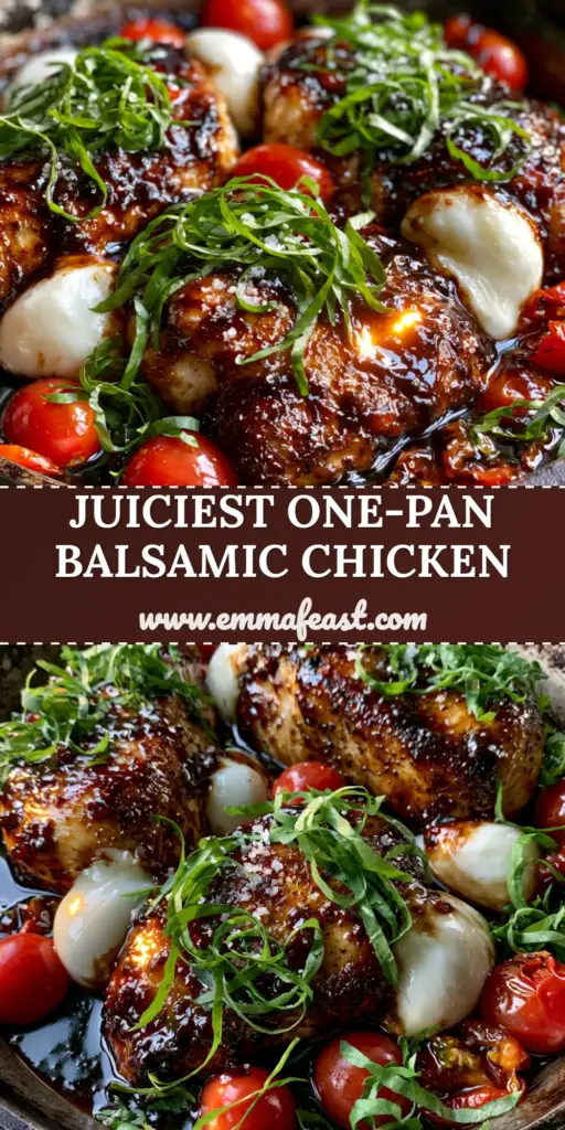 A top-down view of one pan balsamic chicken in a cast iron skillet with melted mozzarella and basil ribbons. (one pan balsamic chicken)