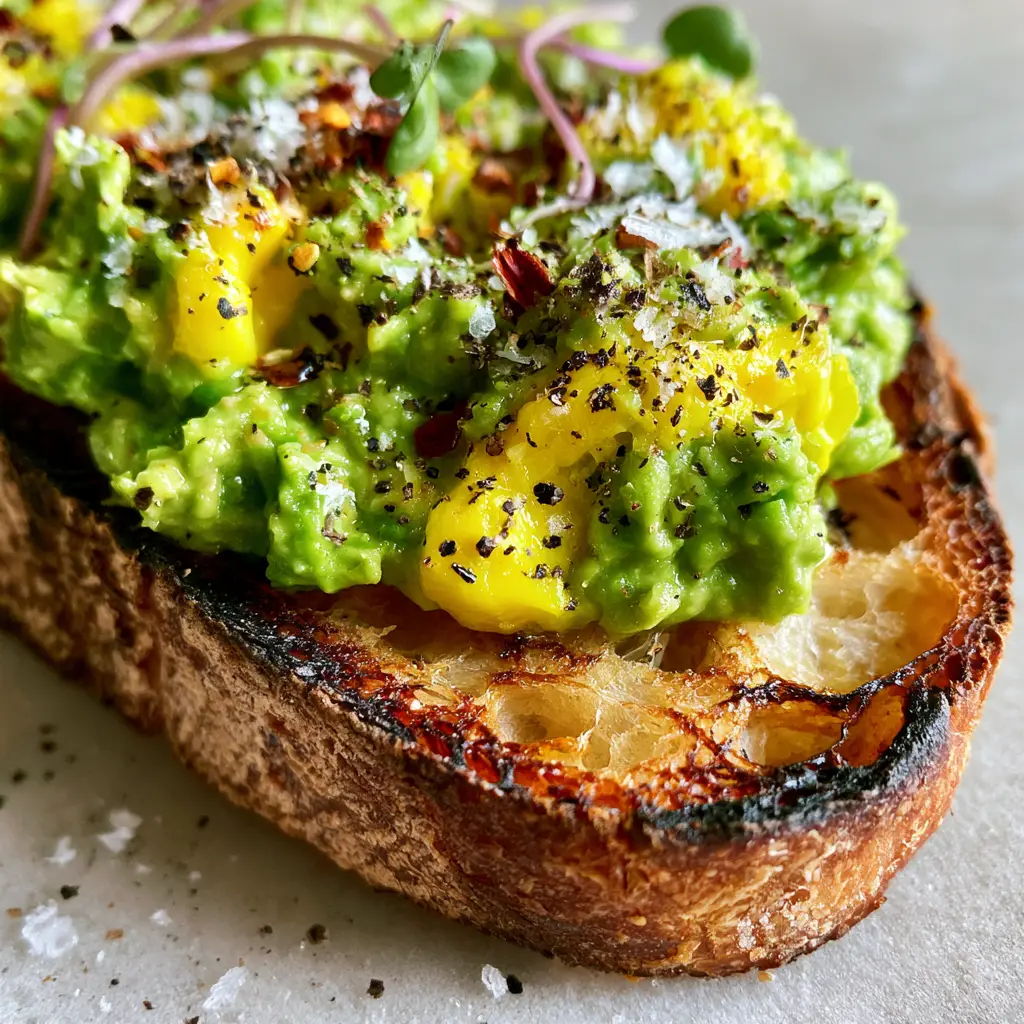 Close-up of charred sourdough toast edges and flaky sea salt on an avocado and egg salad toast. (avocado meals)
