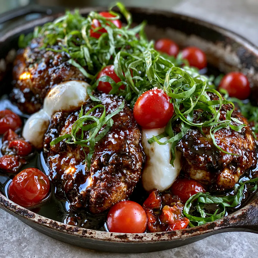 Three thick pan-seared chicken breasts draped in melted white mozzarella pearls in a black skillet.