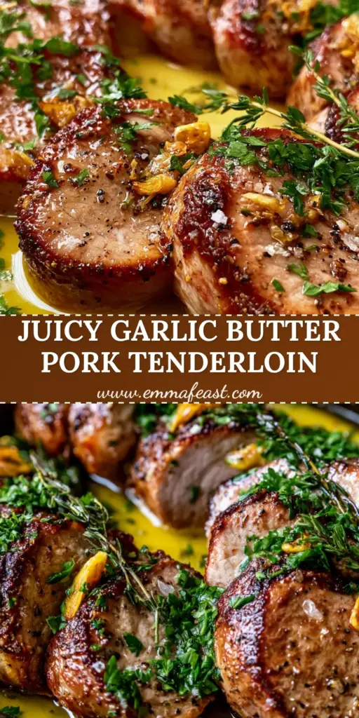 Succulent herb pork tenderloin medallions in a cast iron skillet with garlic butter sauce and fresh thyme. (herb pork tenderloin)