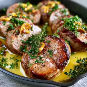 Close-up of thick seared pork medallions showing a moist pink center and golden garlic slivers. (herb pork tenderloin)