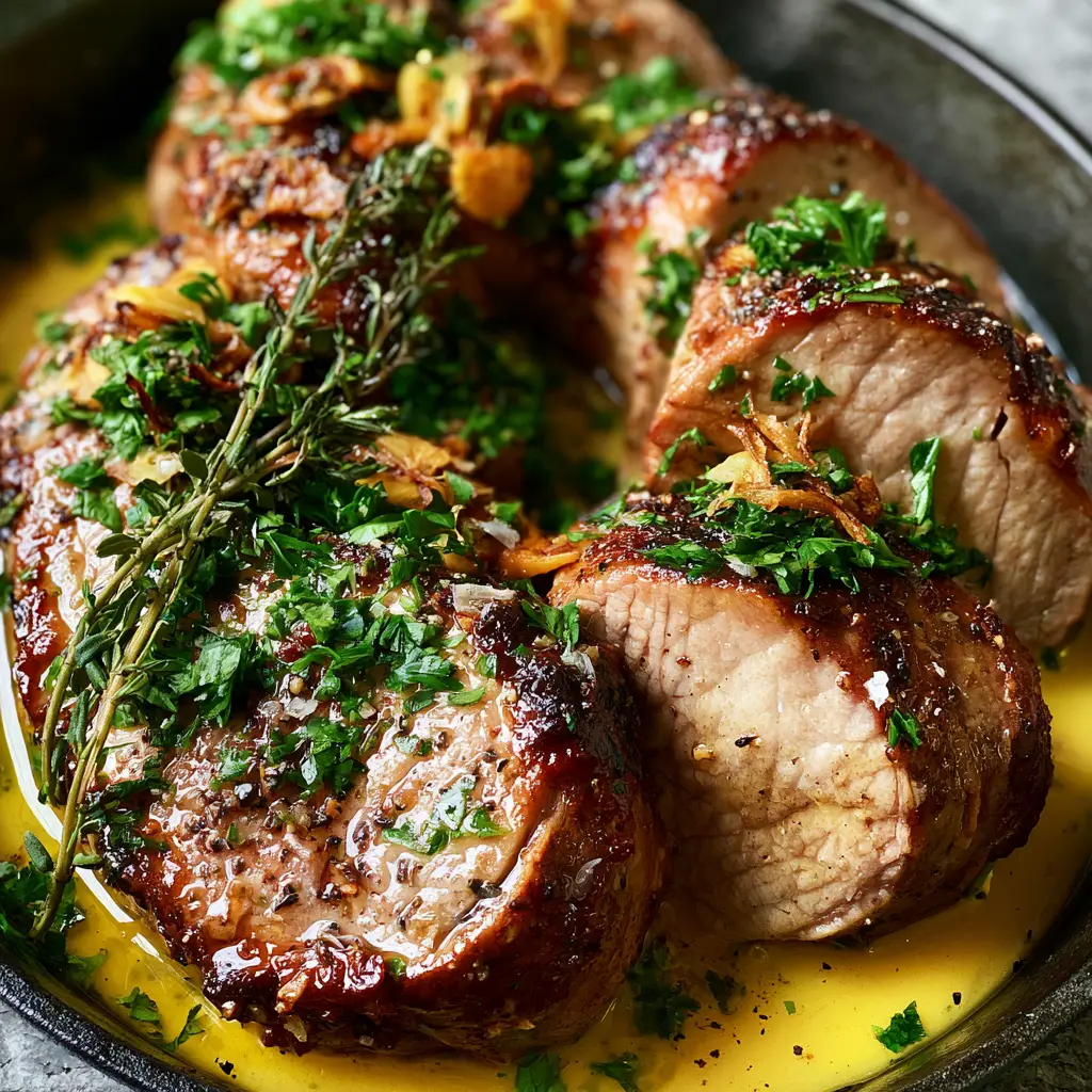 Overhead shot of herb pork tenderloin swimming in a pool of golden melted butter with thyme and parsley.