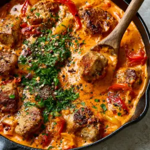 Close-up macro shot of seared pork cubes submerged in a glossy, thick roasted red pepper cream sauce with fresh parsley garnish.