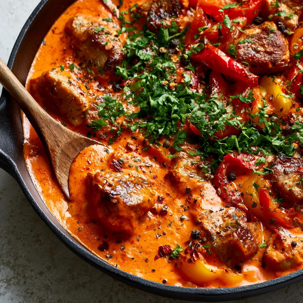 A wooden spoon lifting a juicy pork bite from a bubbling cast iron skillet of salmon-colored bell pepper sauce.