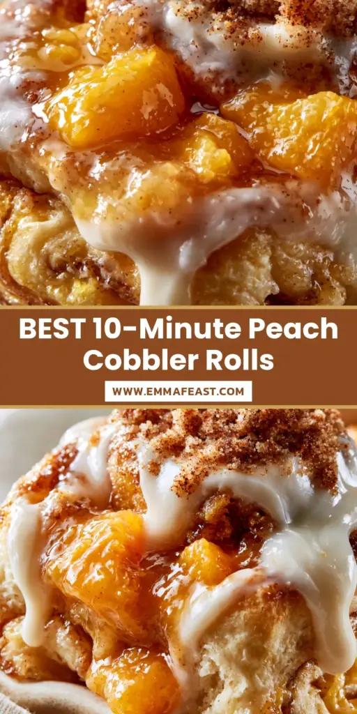 A close-up vertical shot of Peach Cobbler Cinnamon Rolls being pulled apart, featuring syrupy peaches and thick white icing.