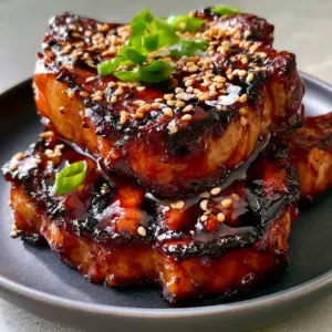 Close up of translucent glistening mahogany glaze on seared pork chops with scallions. (grilled pork sauce recipe)