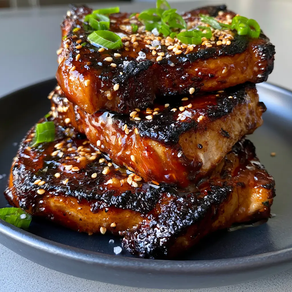 Macro shot of dark caramelized grill marks on a bone-in pork chop with green scallions. (grilled pork sauce recipe)