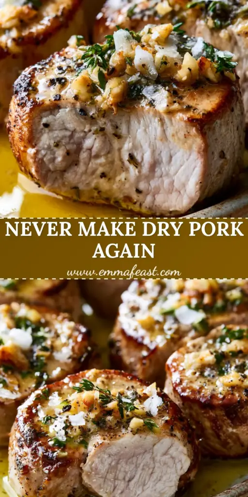 Thick seared pork tenderloin medallions with garlic herb butter glaze and toasted garlic on a rustic platter. (Tender Pork Recipe)
