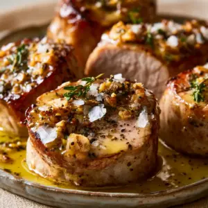 Macro close-up of succulent seared pork tenderloin with glistening golden butter and fresh thyme. (Tender Pork Recipe)