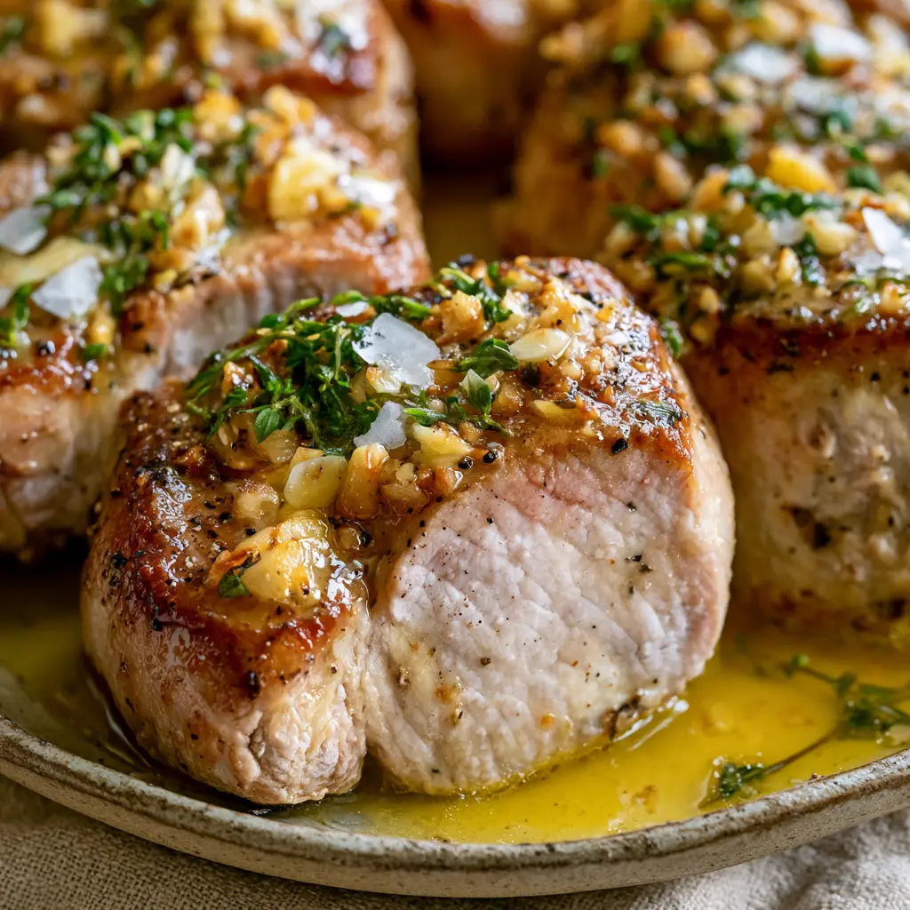 Spoon pouring melted garlic butter over seared pork medallions with toasted garlic bits.
