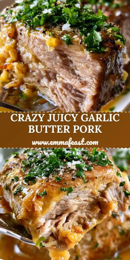 A succulently sliced pork tenderloin on a white platter, drenched in glossy garlic butter sauce with toasted garlic and parsley. (pork recipes)