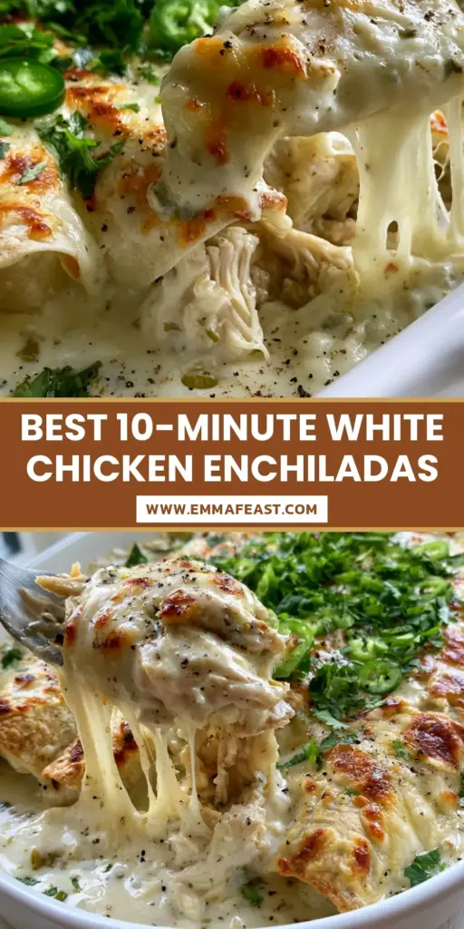 A bubbling white ceramic dish containing the ultimate chicken enchiladas recipe with thick sour cream sauce and a long cheese pull. (chicken enchiladas recipe)