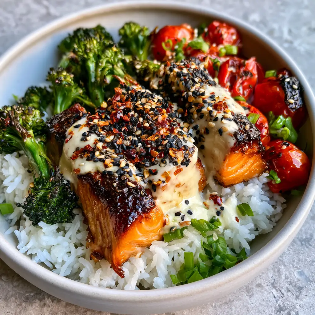 Overhead view of charred broccoli and blistered cherry tomatoes in a ceramic bowl.