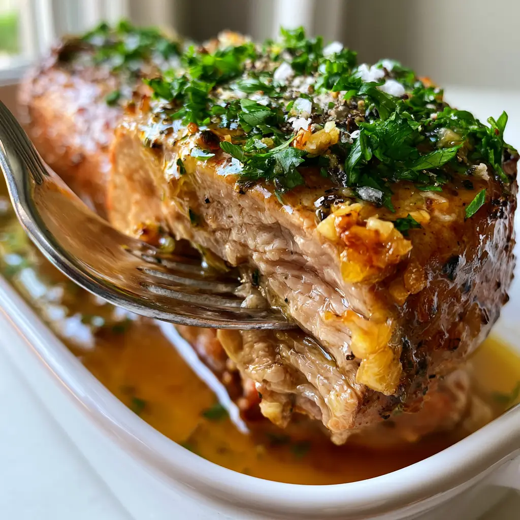 Slices of garlic butter pork tenderloin in a shallow pool of amber juices, garnished with parsley and cracked black pepper. (pork recipes)