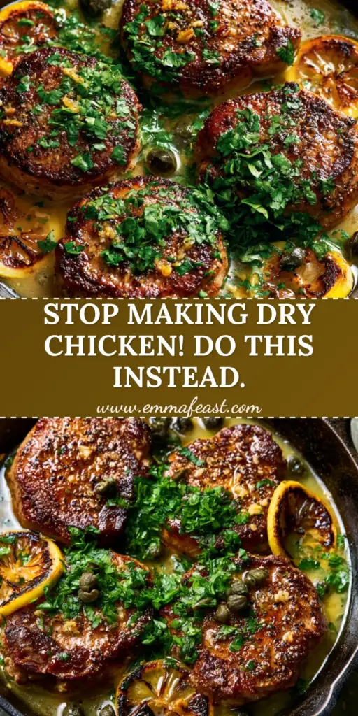 An overhead view of Pork Piccata in a cast iron skillet with charred lemons and capers on a stone countertop.