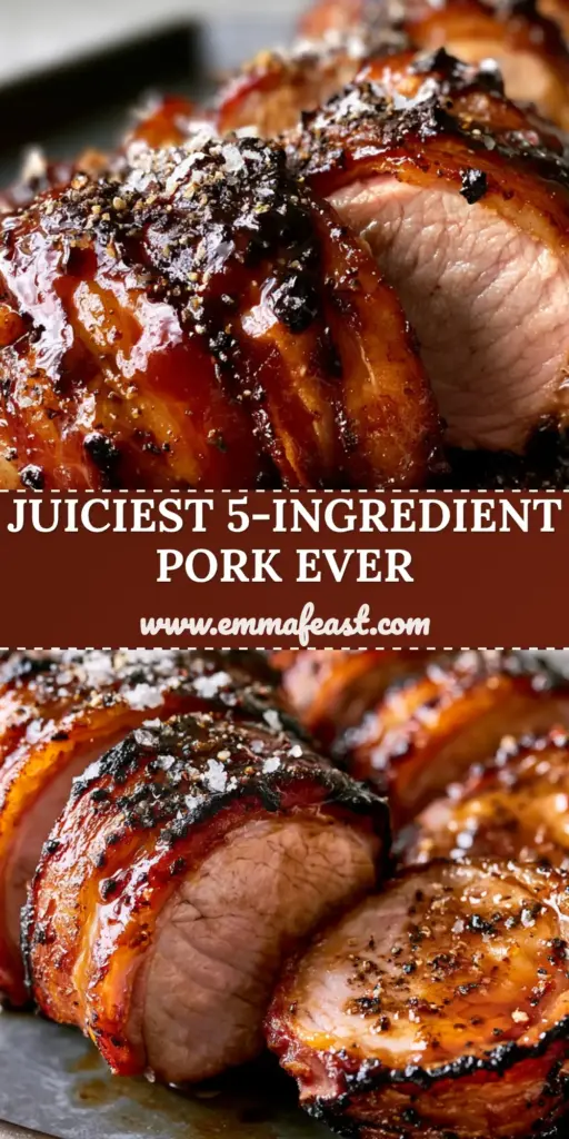 A close-up shot of Bacon Brown Sugar Pork Tenderloin slices with bubbling glaze on a rustic sheet pan.