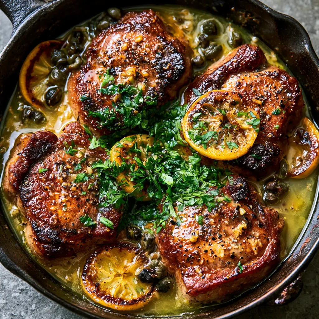 A shimmering lemon butter sauce with green capers and charred lemon wheels in a black skillet. (Pork Piccata)